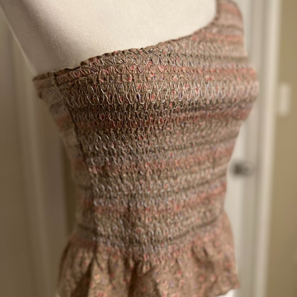 American Eagle One Shoulder Smocked Peplum Top Small Floral Cotton Linen - Picture 3 of 5